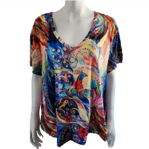 Short sleeves v-neck t-shirt, colorful peacock and abstract patterns, XXL - Picture 3 of 10